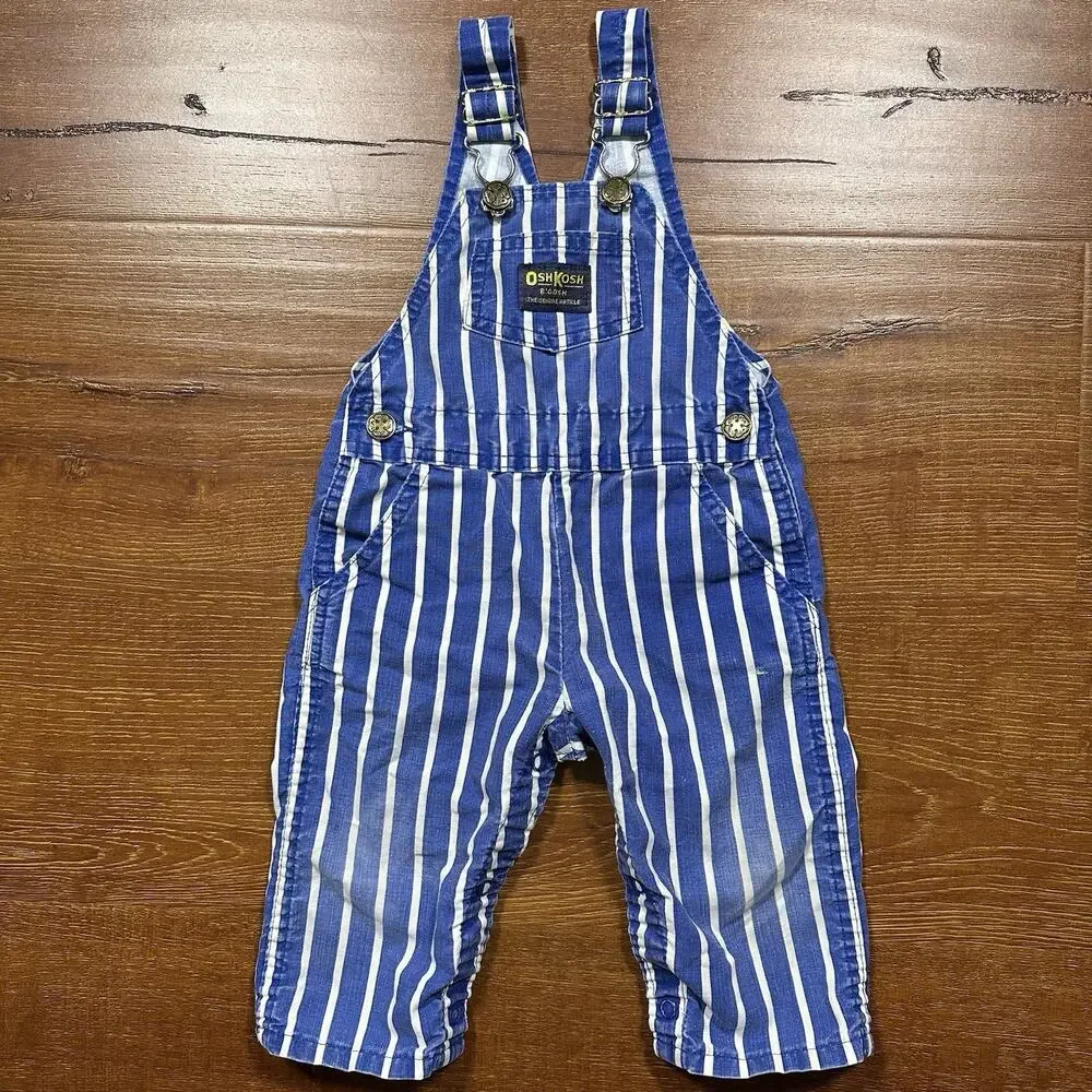 Vintage OshKosh B'Gosh Overalls Baby 12M Blue Stripe USA Made Snaps Railroad VTG